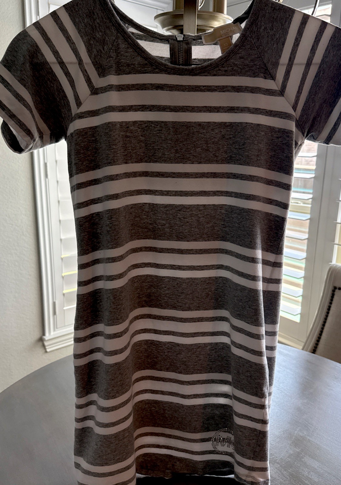 Michael Kors Dress XS Gray White Stripe Short Sleeve Rhinestone Logo Back Zipper