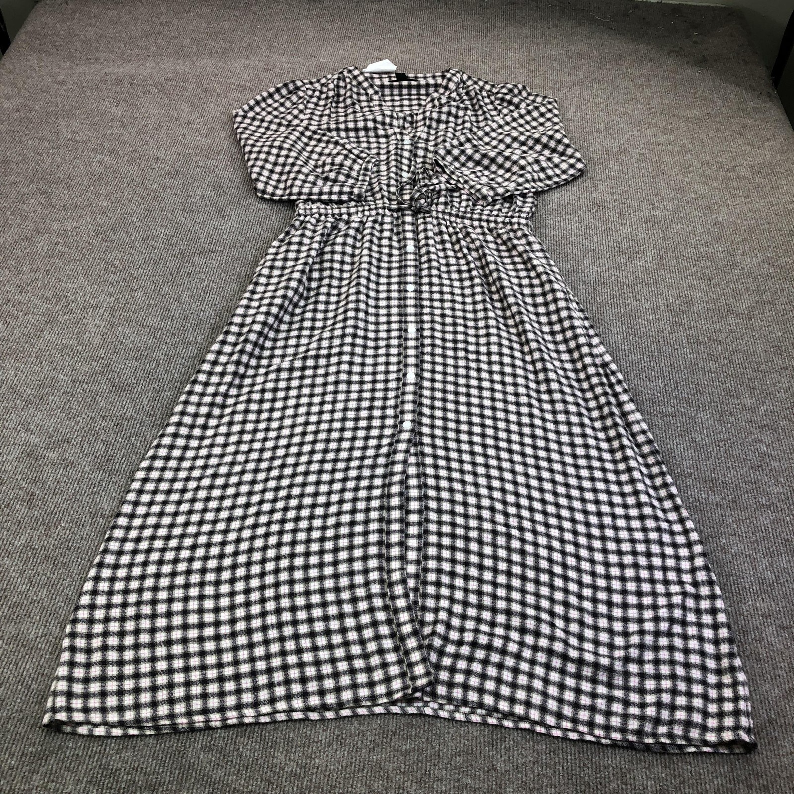 Eddie Bauer Shirt Dress Womens Small Black Plaid Button Belted 3/4 Sleeve Midi