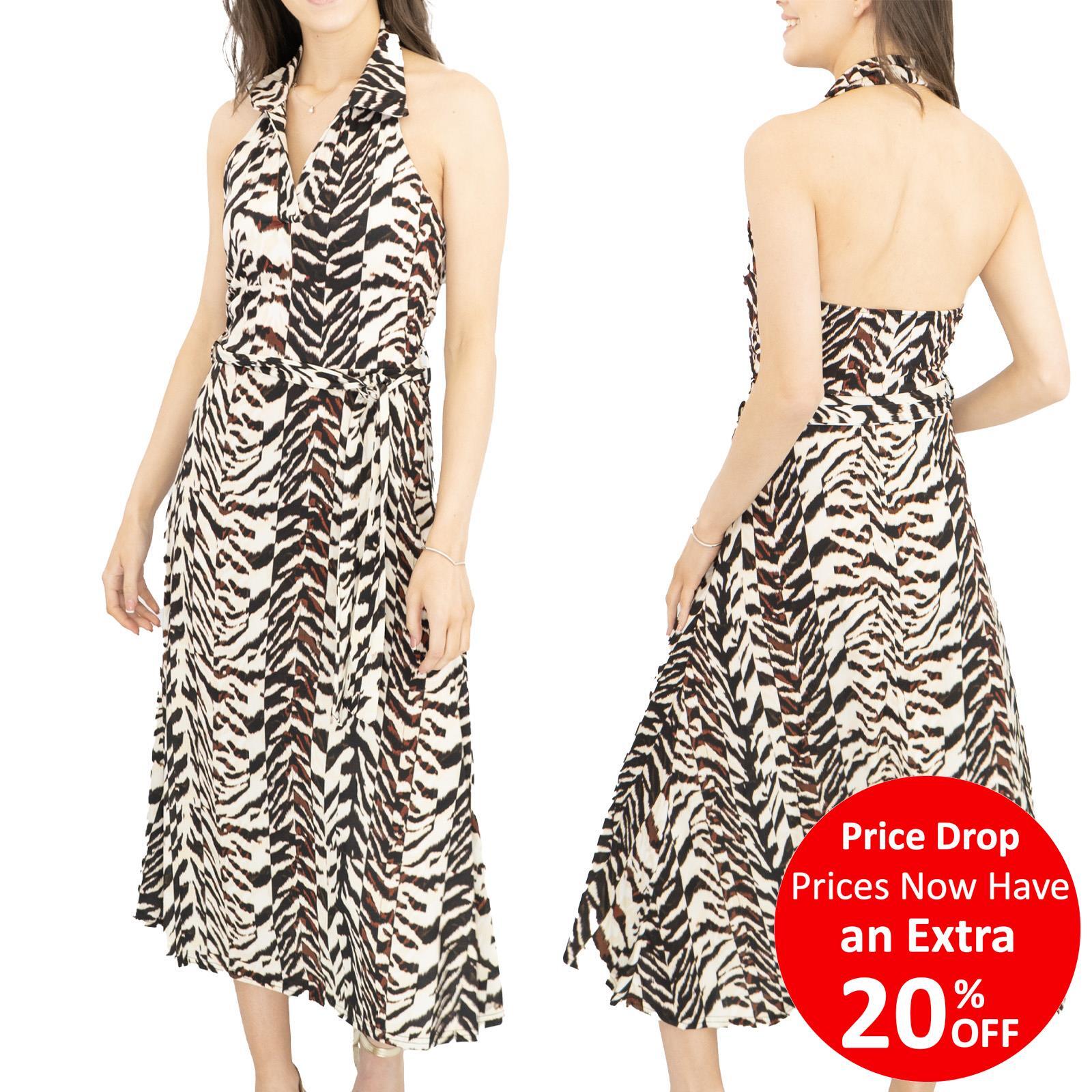 Karen Millen Dress Womens Halter Neck Animal Print Midi Collared Stretch Belted