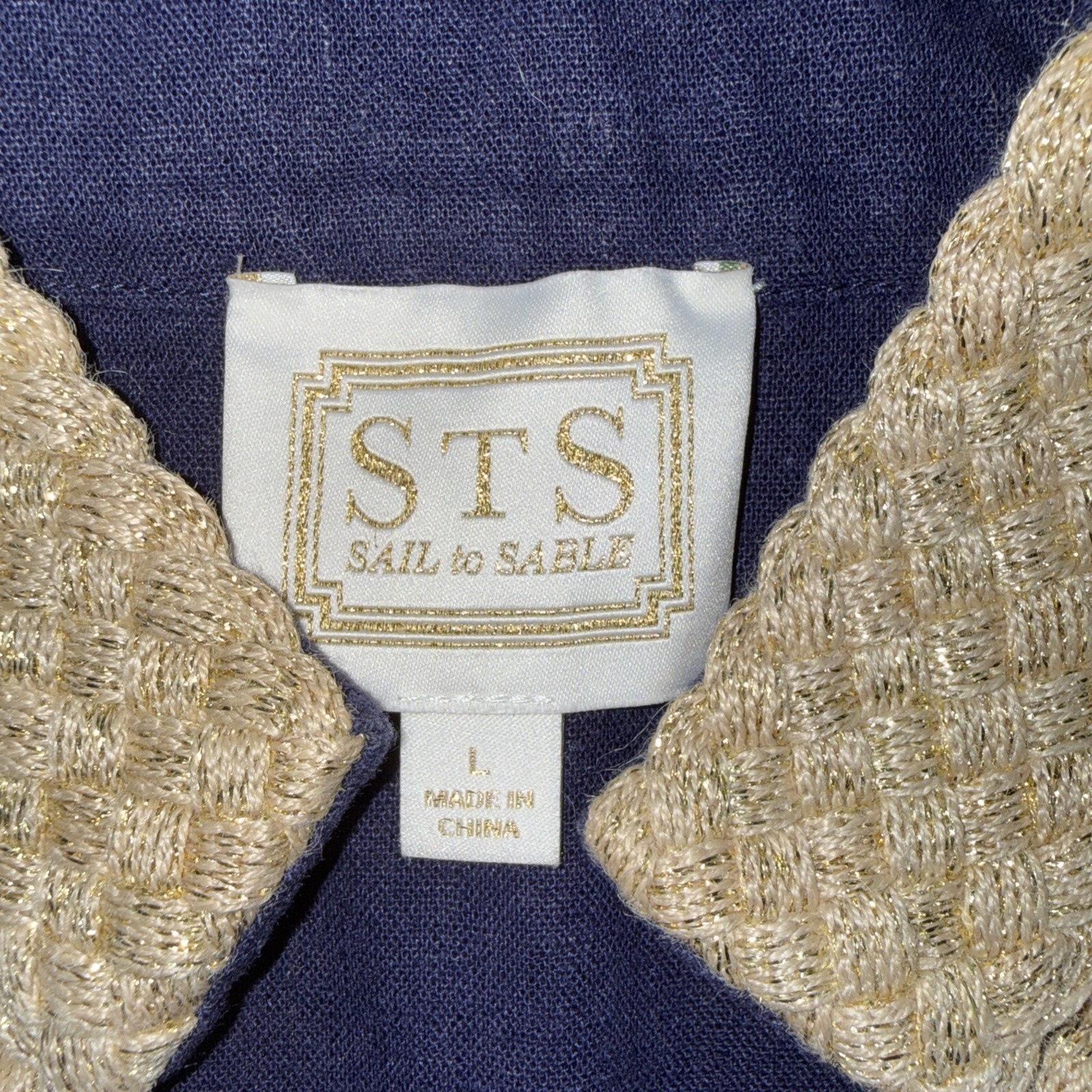 Sail to Sable Navy Blue linen Gold Embroidered Collar Cuff Tunic Dress Sz L EUC