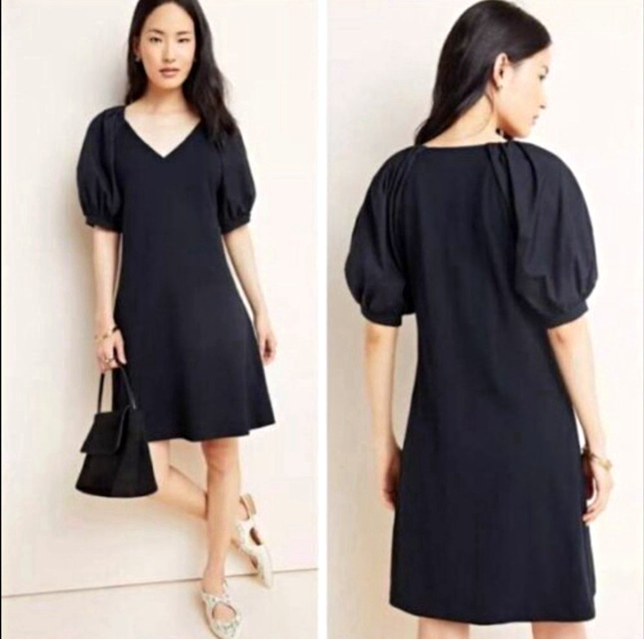 Maeve by Anthropologie Black Shift Dress V-Neck Puff Short Sleeve Knee Small