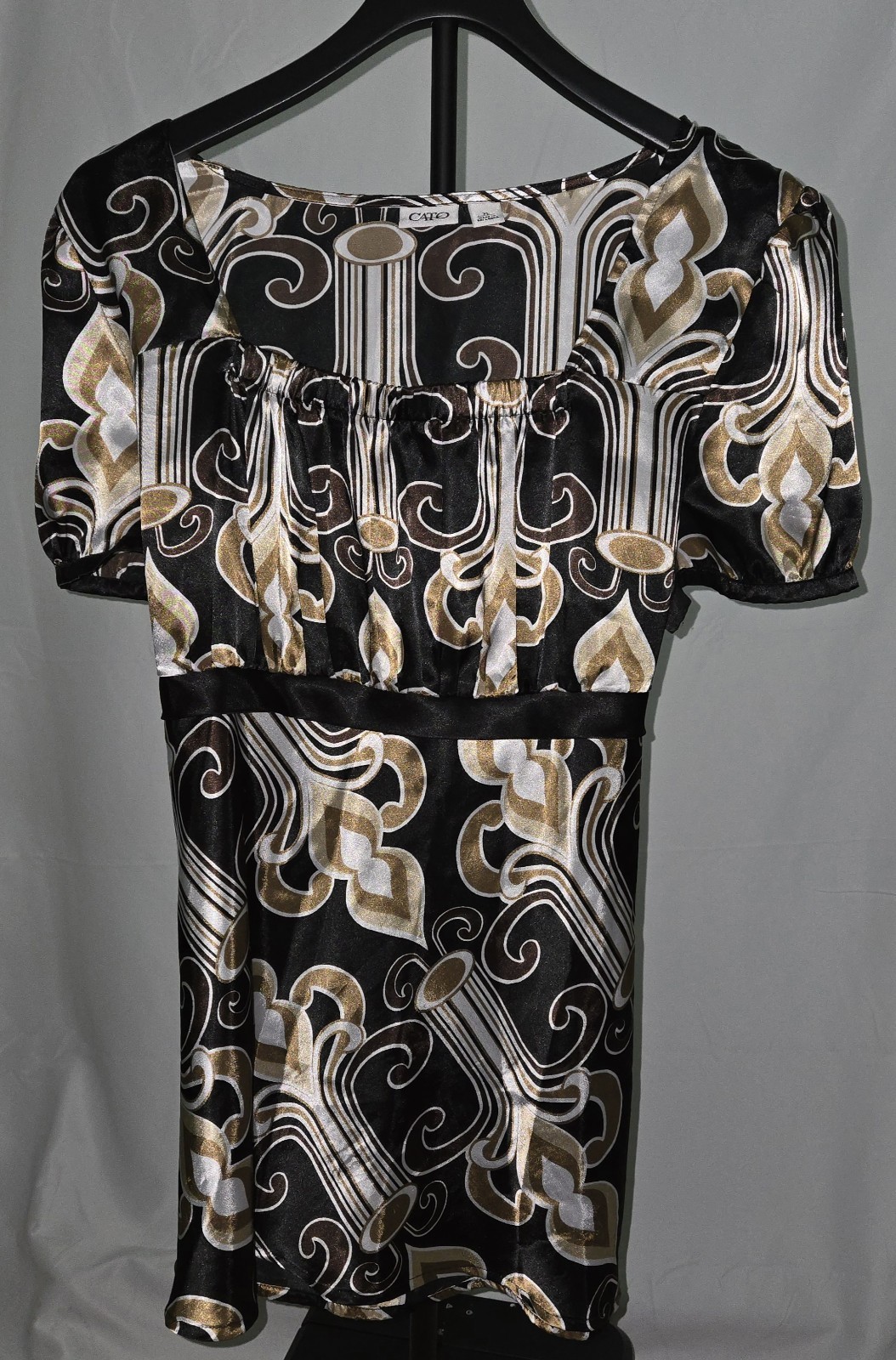 Cato Women’s Dress XL Black Brown Gold White Geometric Empire Scoop Puff Sleeve