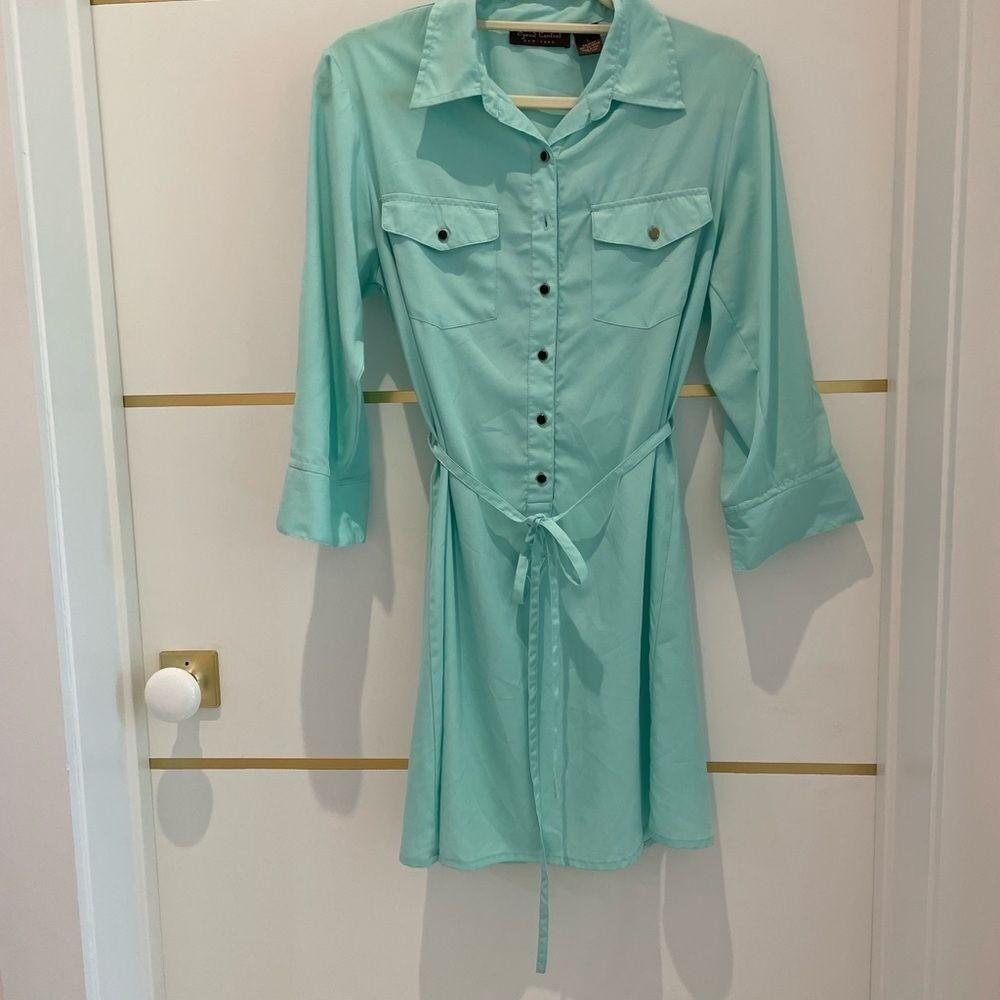 SPEED Control Aqua Turquoise Lightweight Long Sleeve Shirt Dress Button Belted