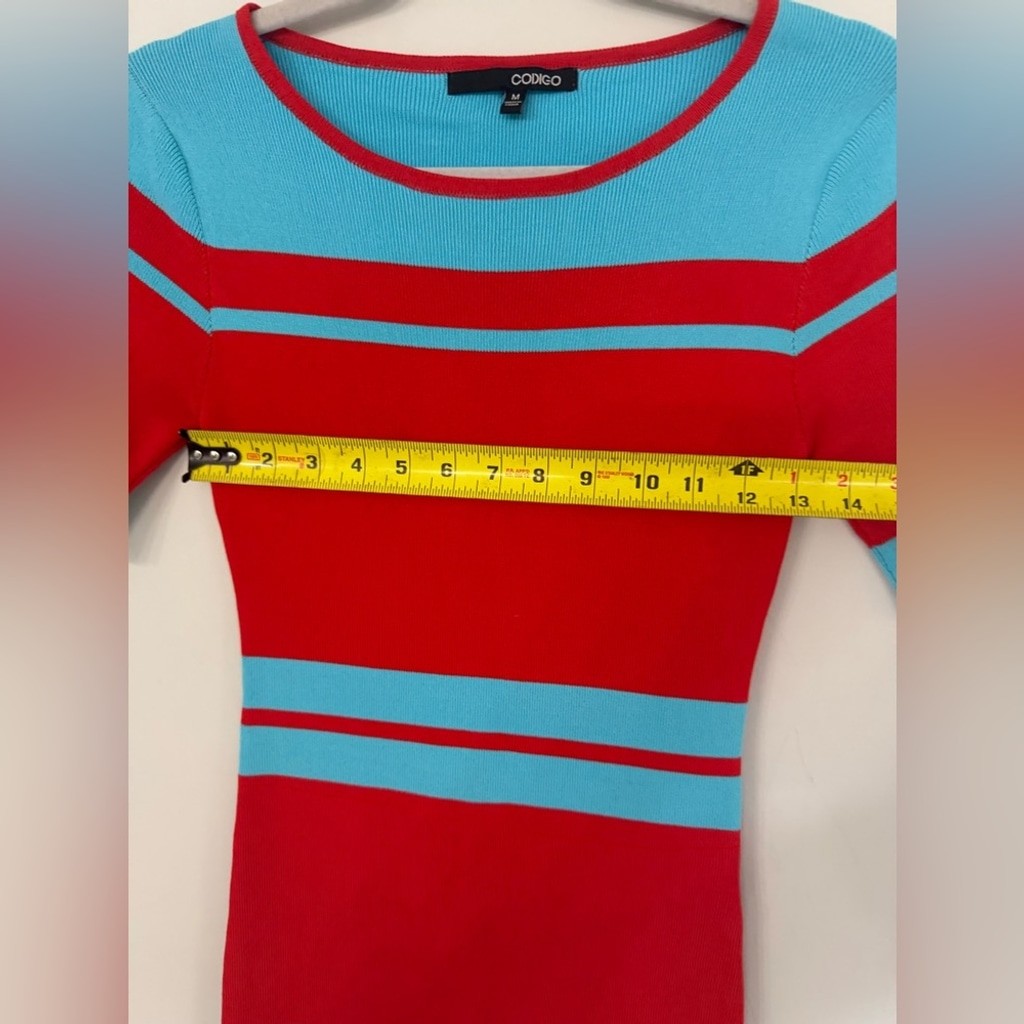 Codigo women’s medium stretch bodycon mini dress aqua and red stripes