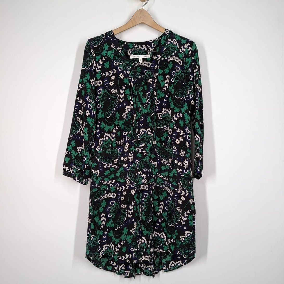 Veronica Beard Elm Silk Shirtdress V-Neck Pleated Green Floral Size 2 Preowned