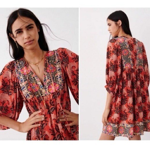 BA&SH Gaia Printed Mini Tunic Dress in Orange Size S
