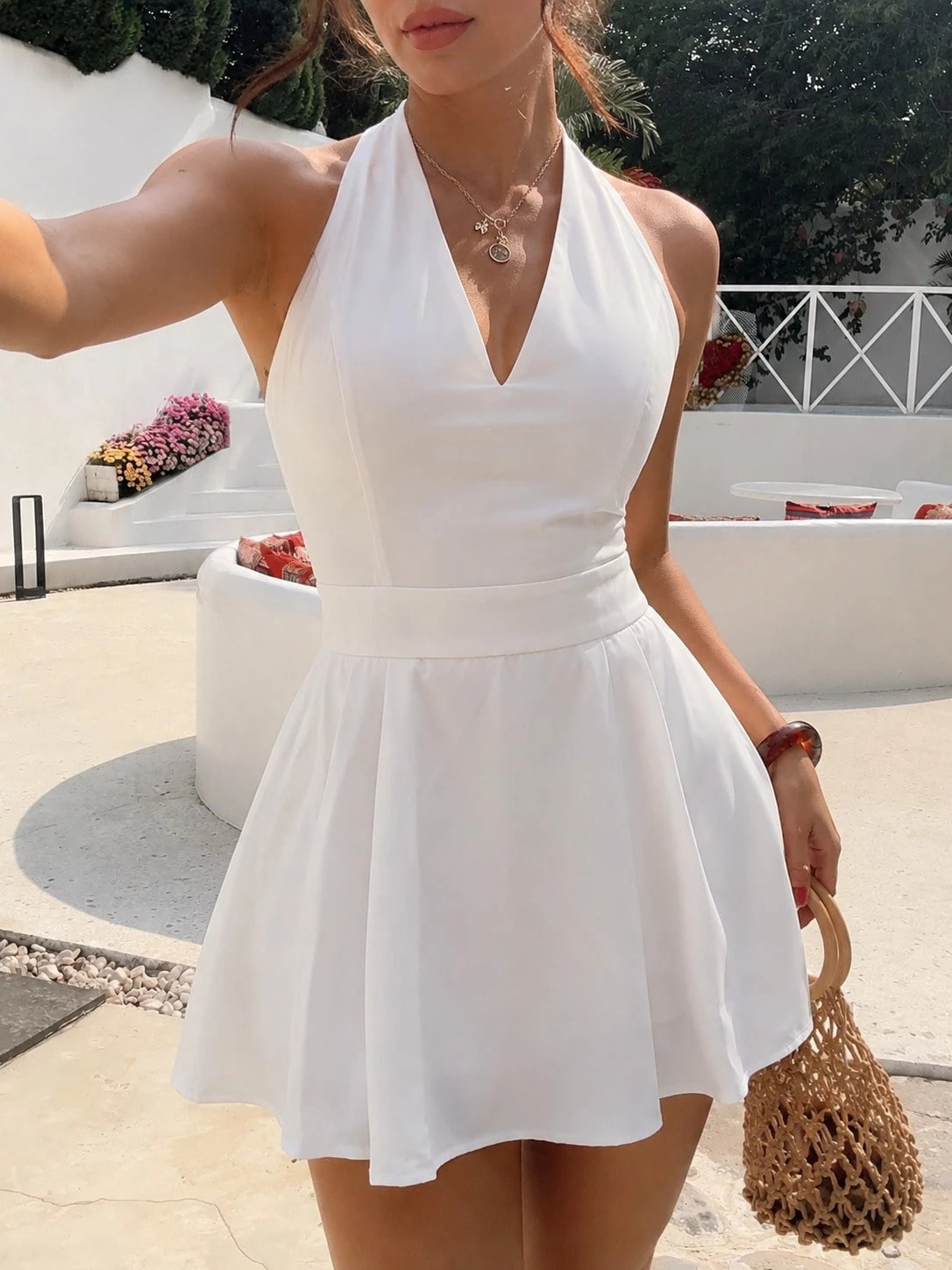 Elegant White A Line V Neck Mini Dress