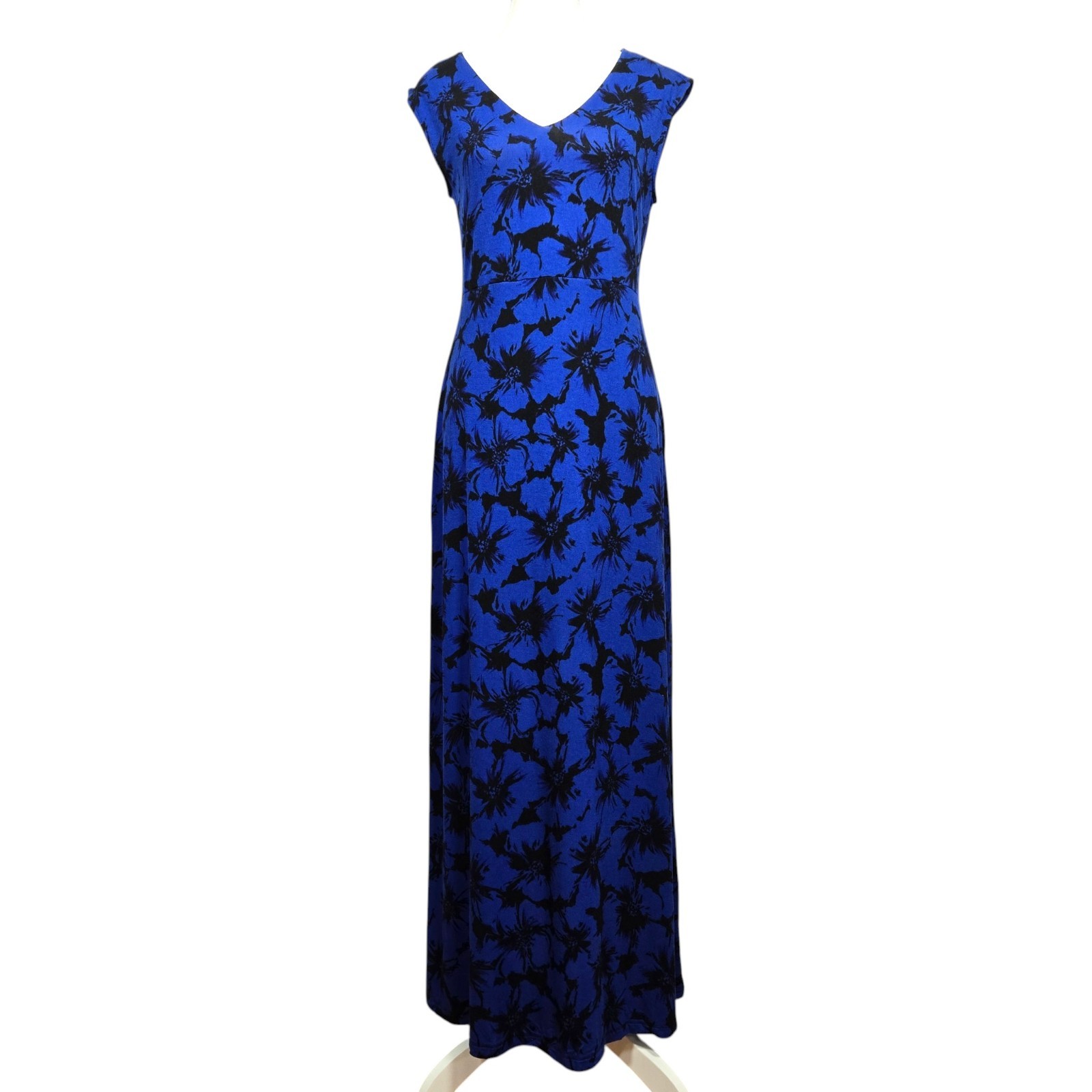 Coastal Floral Blue Maxi Dress Size Petite PM Tropical Beach Resortwear Jersey