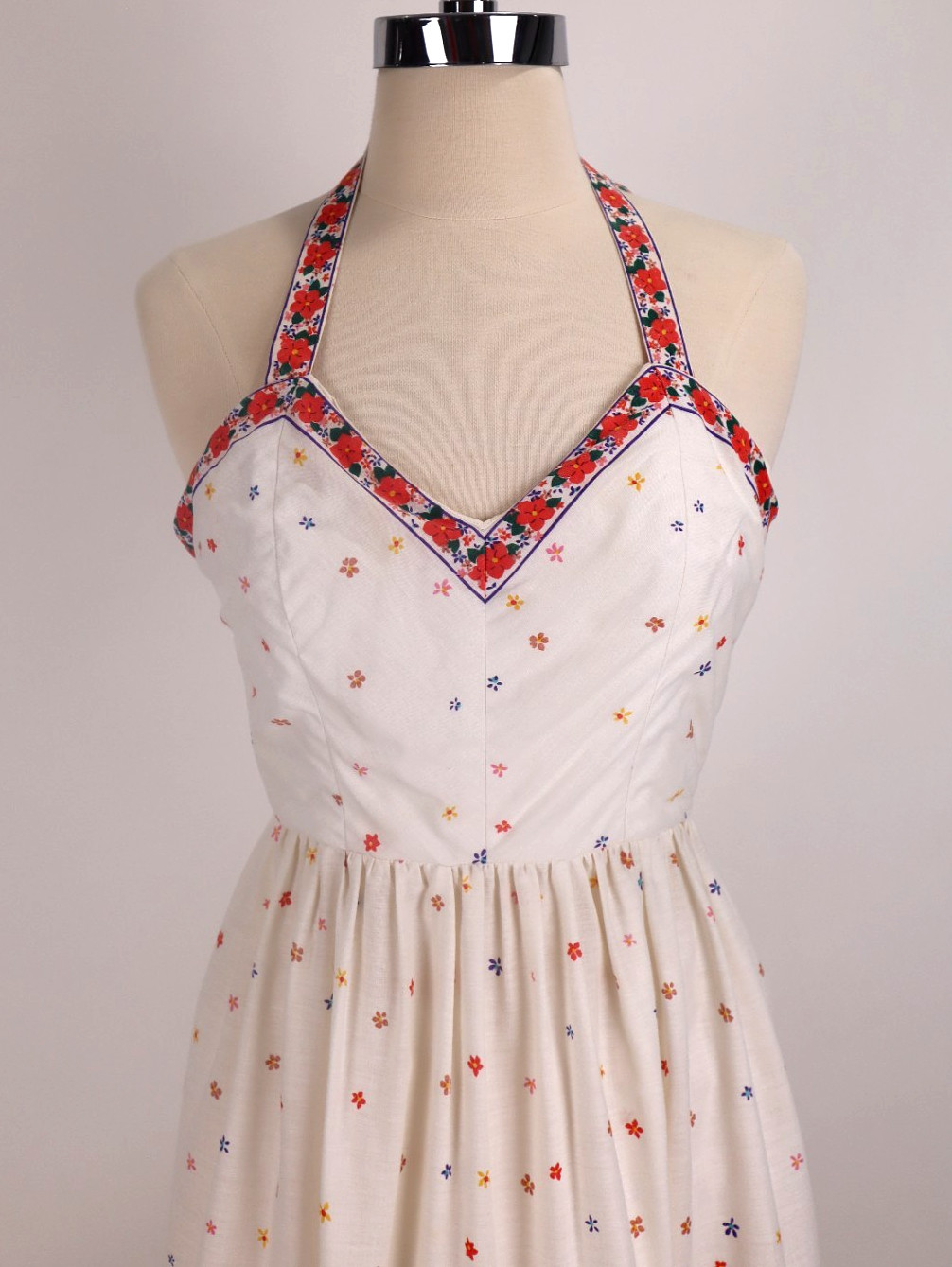 🌺 Vtg Victor Costa Prairie Boho Hippie Floral Holter Dress Garden Party Cottage