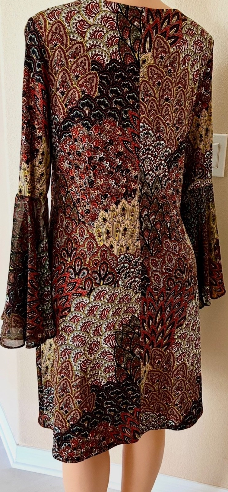 MSK Peacock-print Sheer-Bell-sleeve Multicolor Stretchy-Fabric Shift Dress M