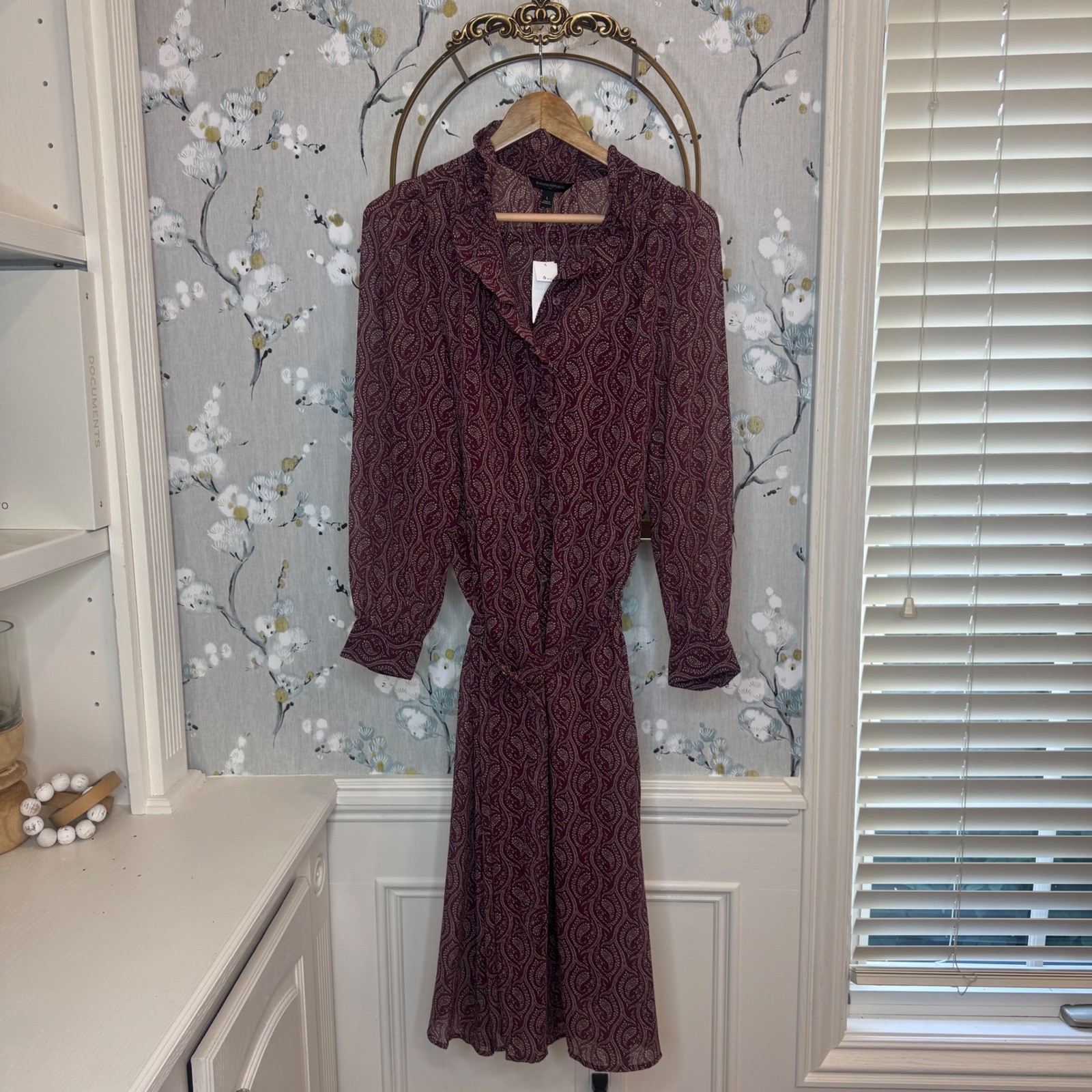 Banana Republic Womens Burgundy Paisley Ruffle Midi Shirt Dress Size L NWT
