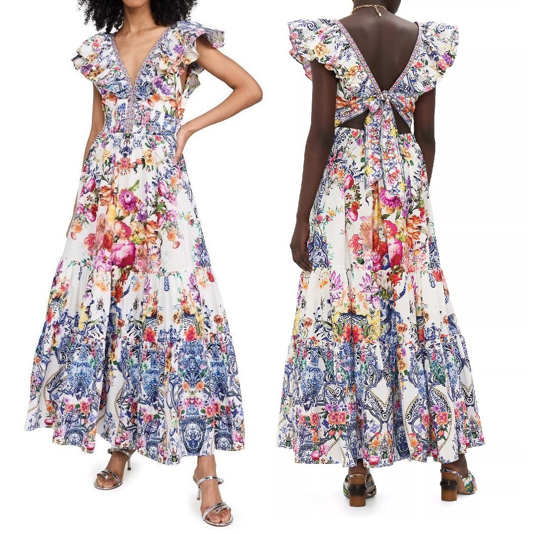 CAMILLA “Dutch Is Life” Tiered Frill Cotton V-Neck Open Back Maxi Dress, L $899