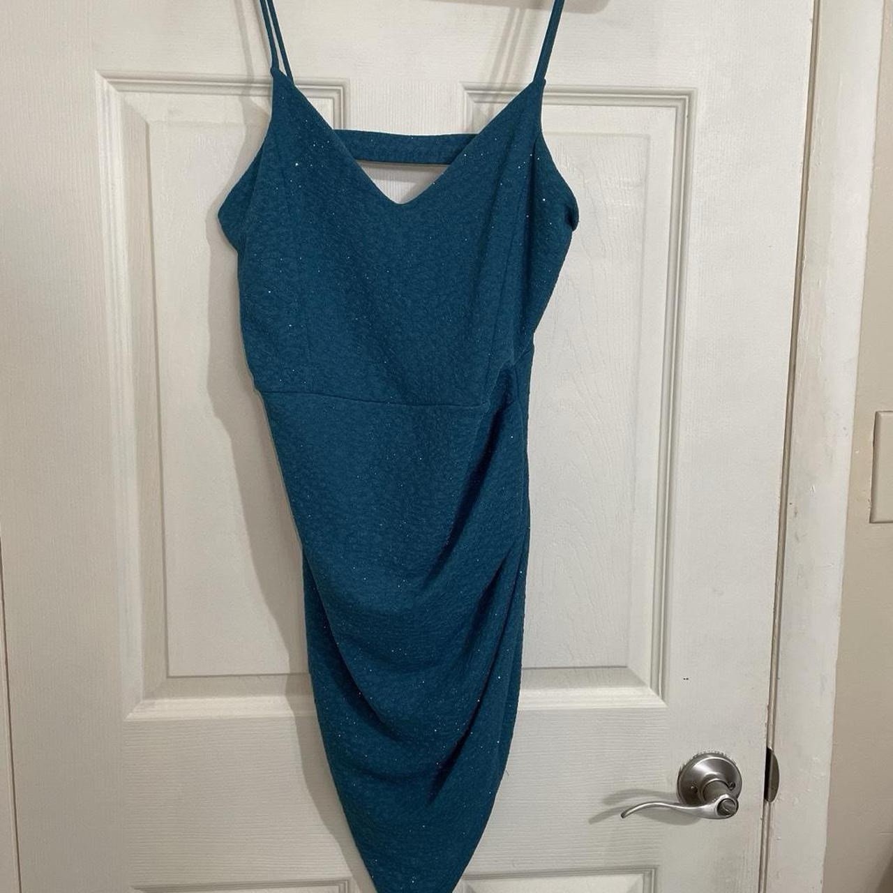 Windsor Teal Glitter Strappy V-Neck Asymmetric Bodycon Midi Dress L