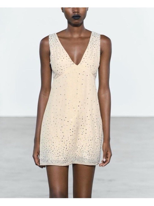 Zara Womens Mini Dress Size XS Beige Ivory Studded Beaded rhinestone 5107/069