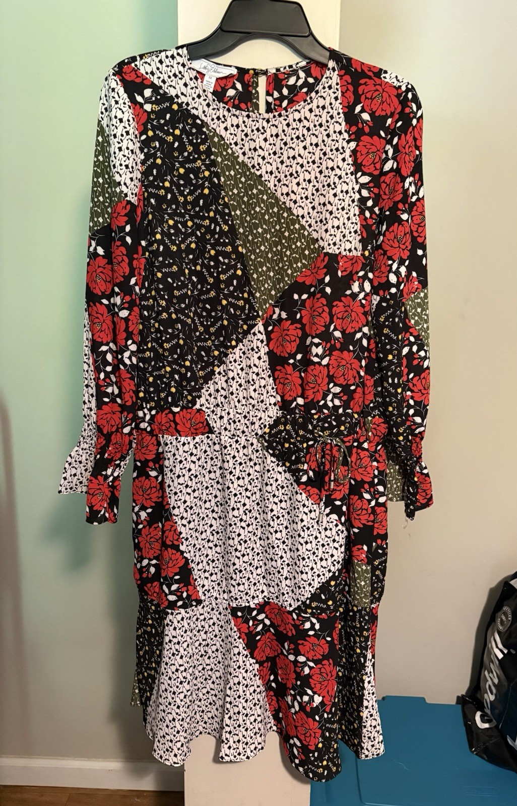 Libby Edelman Patchwork Floral A-Line Dress Long Sleeve Tie Smocked M