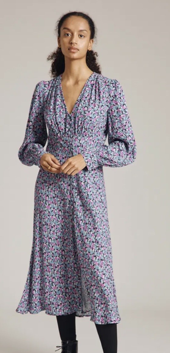 Ghost Alivia Floral Navy Midi Dress Size XL UK 16 BNWT