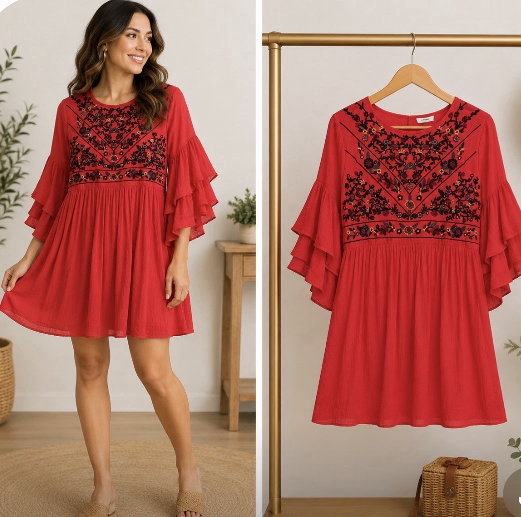 UMGEE Women’s Red Floral Embroidered Round Neck Bell Sleeve Short Dress S