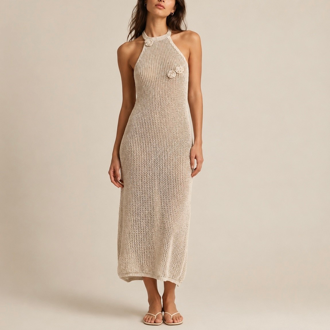Beige Crochet Knit Halter Maxi Dress M Rosette Floral Open Back Boho Beachwear