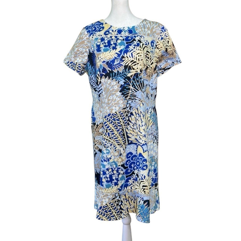 Talbots Botanical Garden Cotton Shift Dress Tan Blue Flounce Hem (Size 16P)