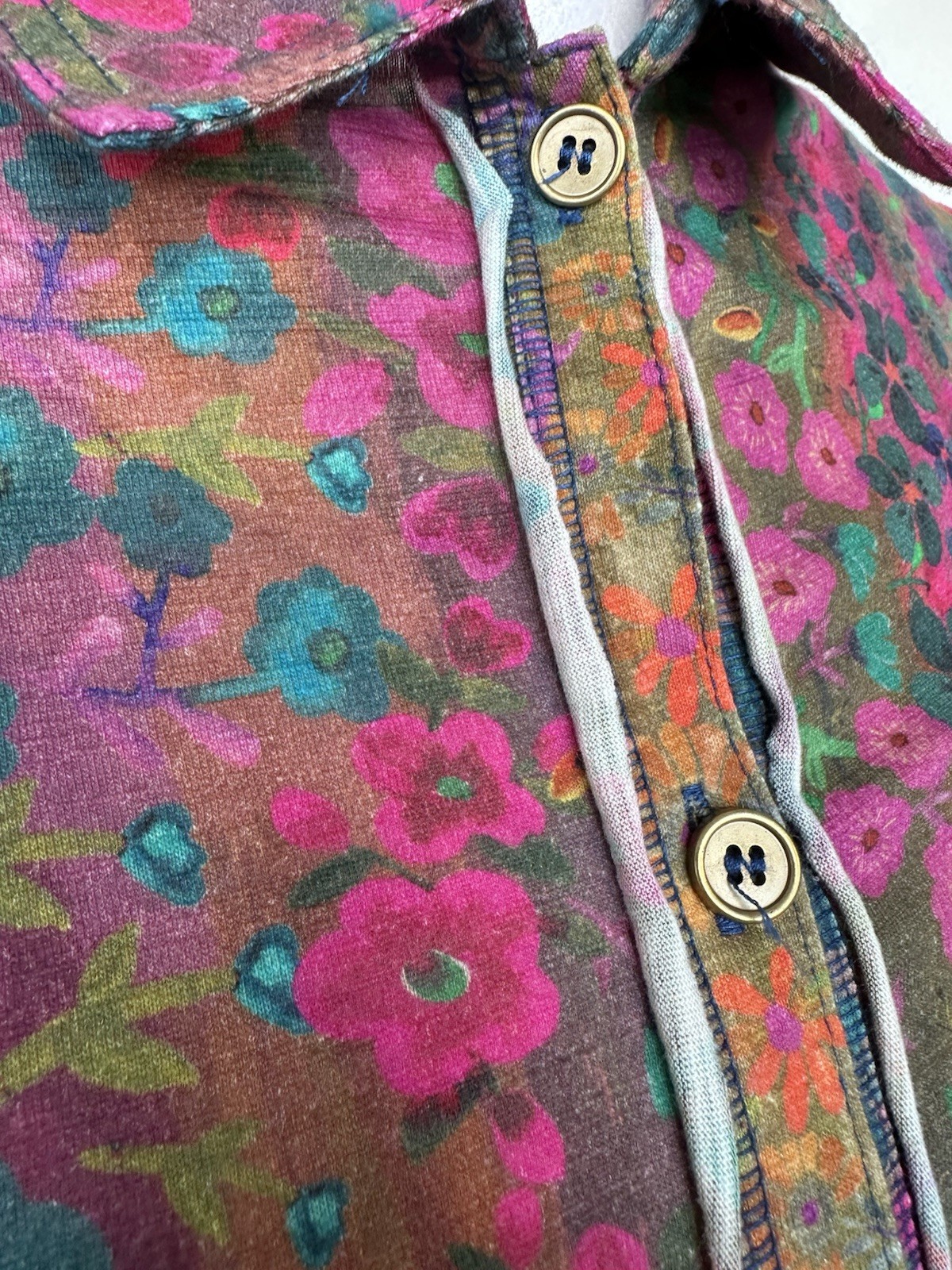 Button Down Brushed Cotton Knit Floral Dress LS NWT Raw Seam