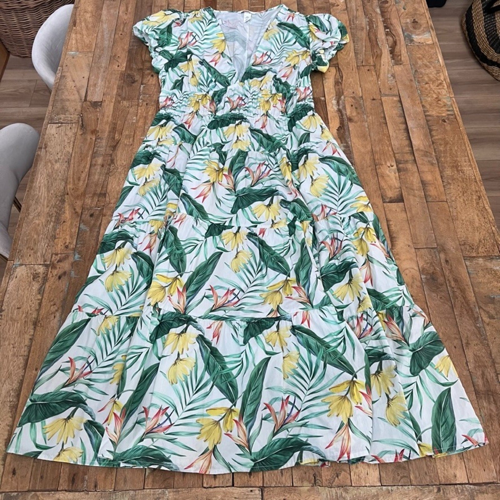 H&M Tiered-skirt Poplin Dress Women’s Size Medium Low cut V-neck