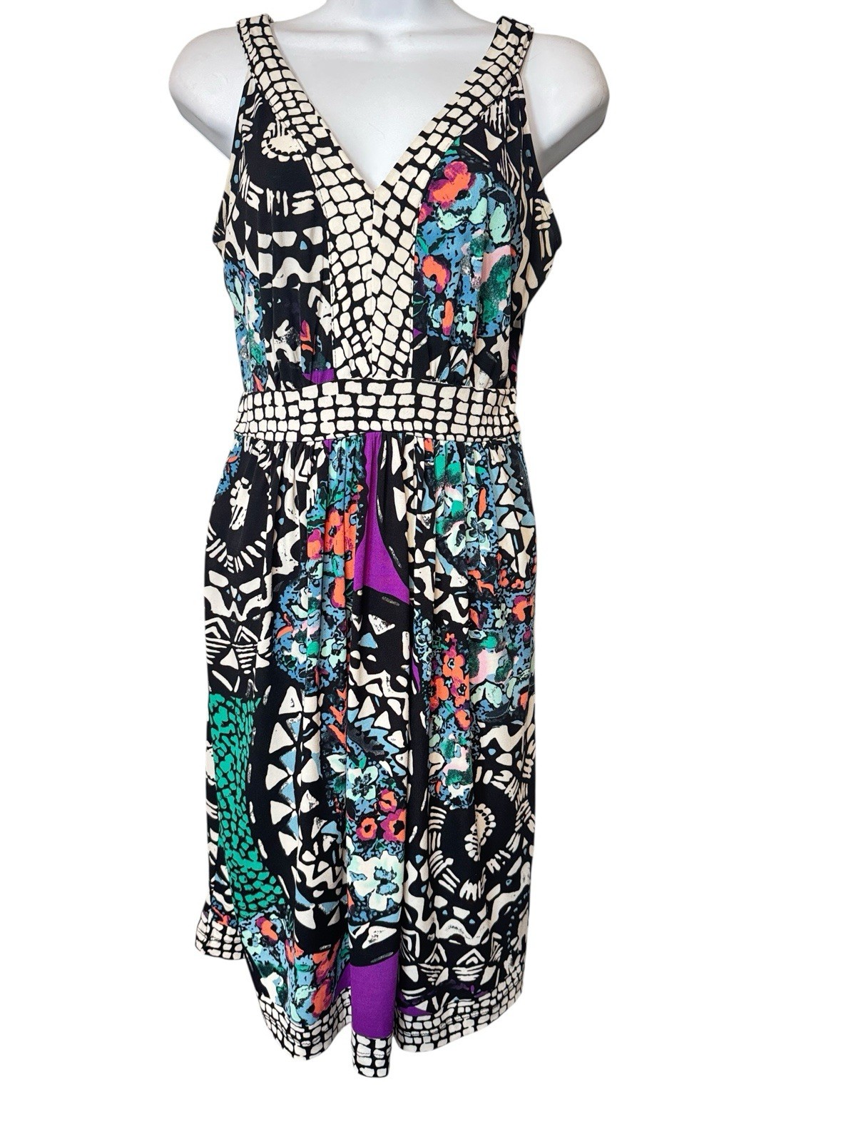 Roz & Ali Sleeveless Multicolor Dress Size 4 Casual Vacation Belted Stretch