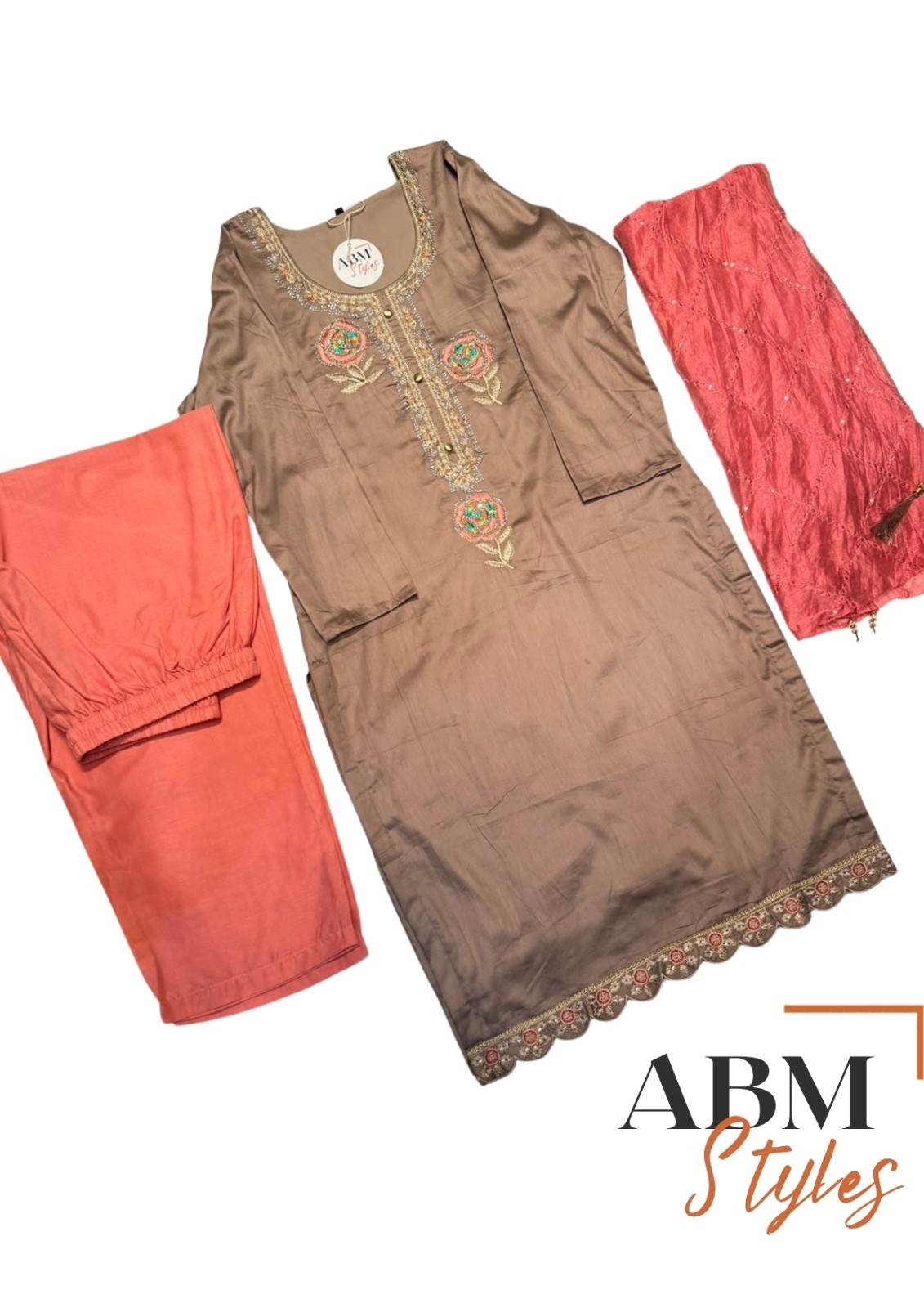 Grey Embroidered Blended Straight Kurta Set