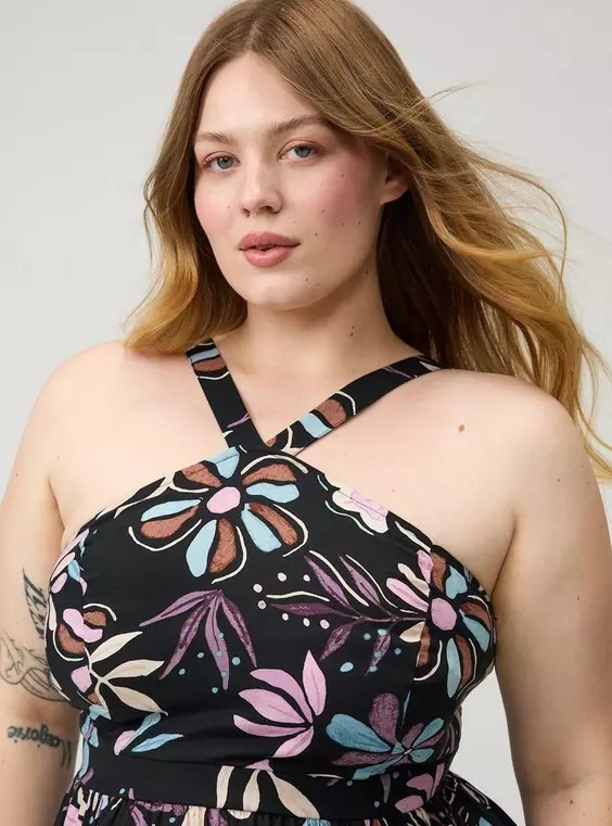 Torrid Cydnee Floral Doodles Black Halter Maxi Dress Women’s Plus Size 1X Nwt