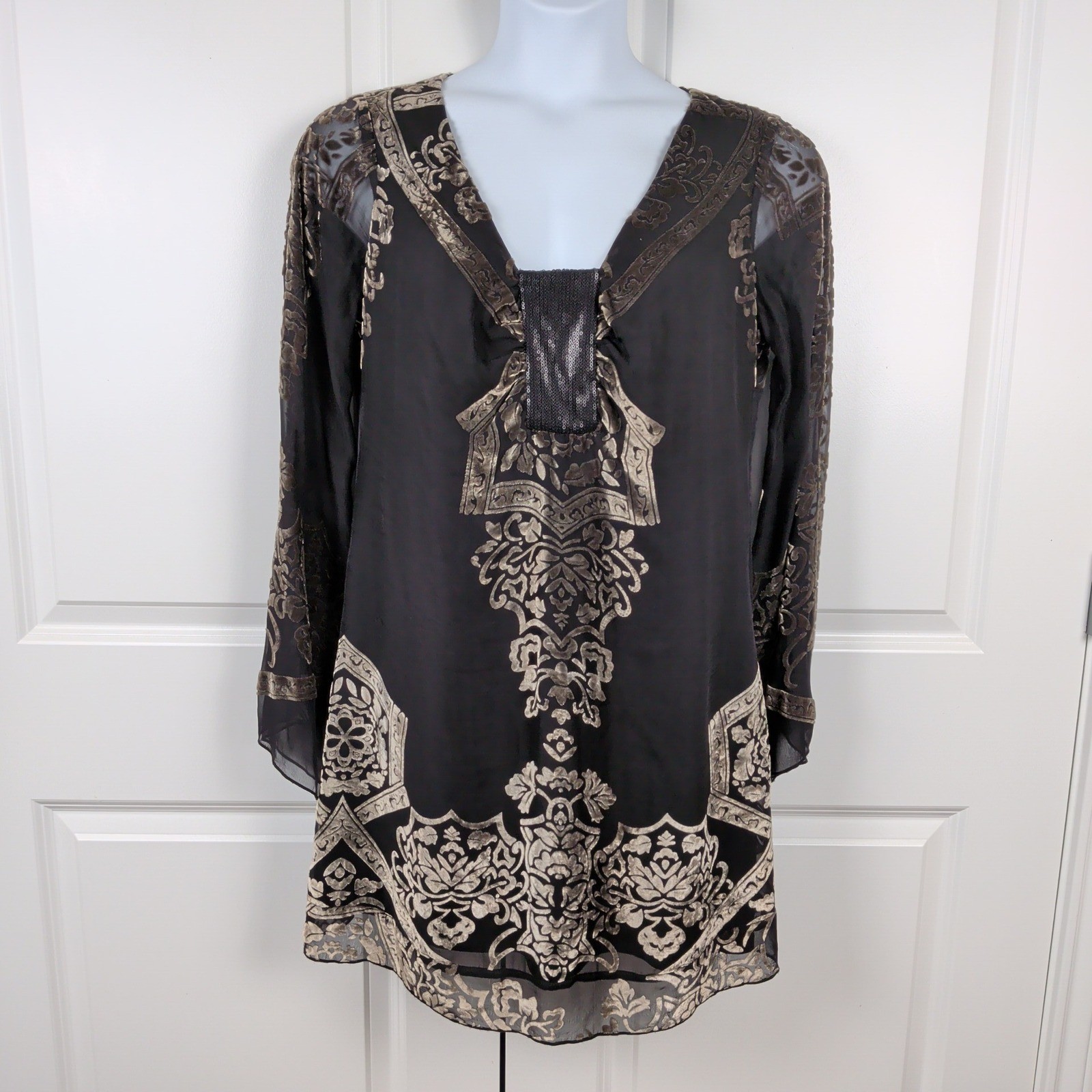Silk Blend Velvet Burnout Damask Sequin V-Neck Tunic Top Black Large Hale Bob