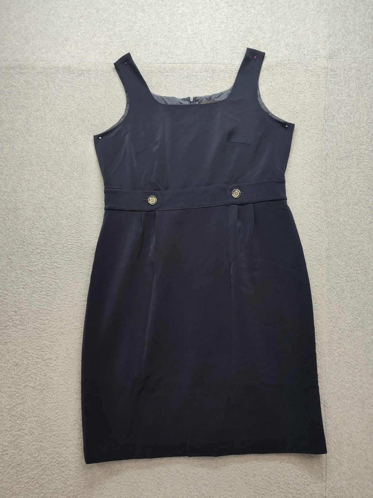 John Meyer Women Sheath Dress 14 Navy Blue Sleeveless Back Zipper Button Casual