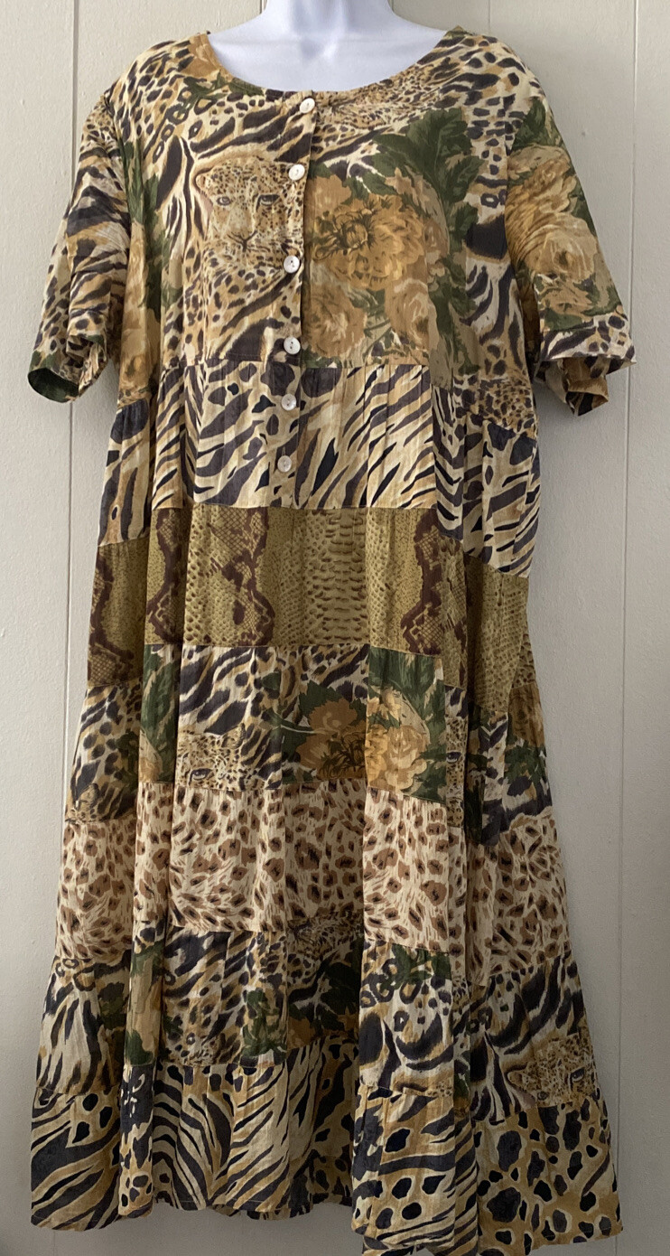Vintage Brownstone Studio Cotton Animal Jungle Print Midi Dress Size XLP Petite