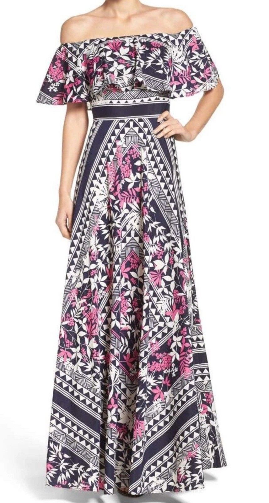 Eliza J Floral Blue & Pink Scarf Print Crêpe de Chine Maxi Dress 14w Milkmaid