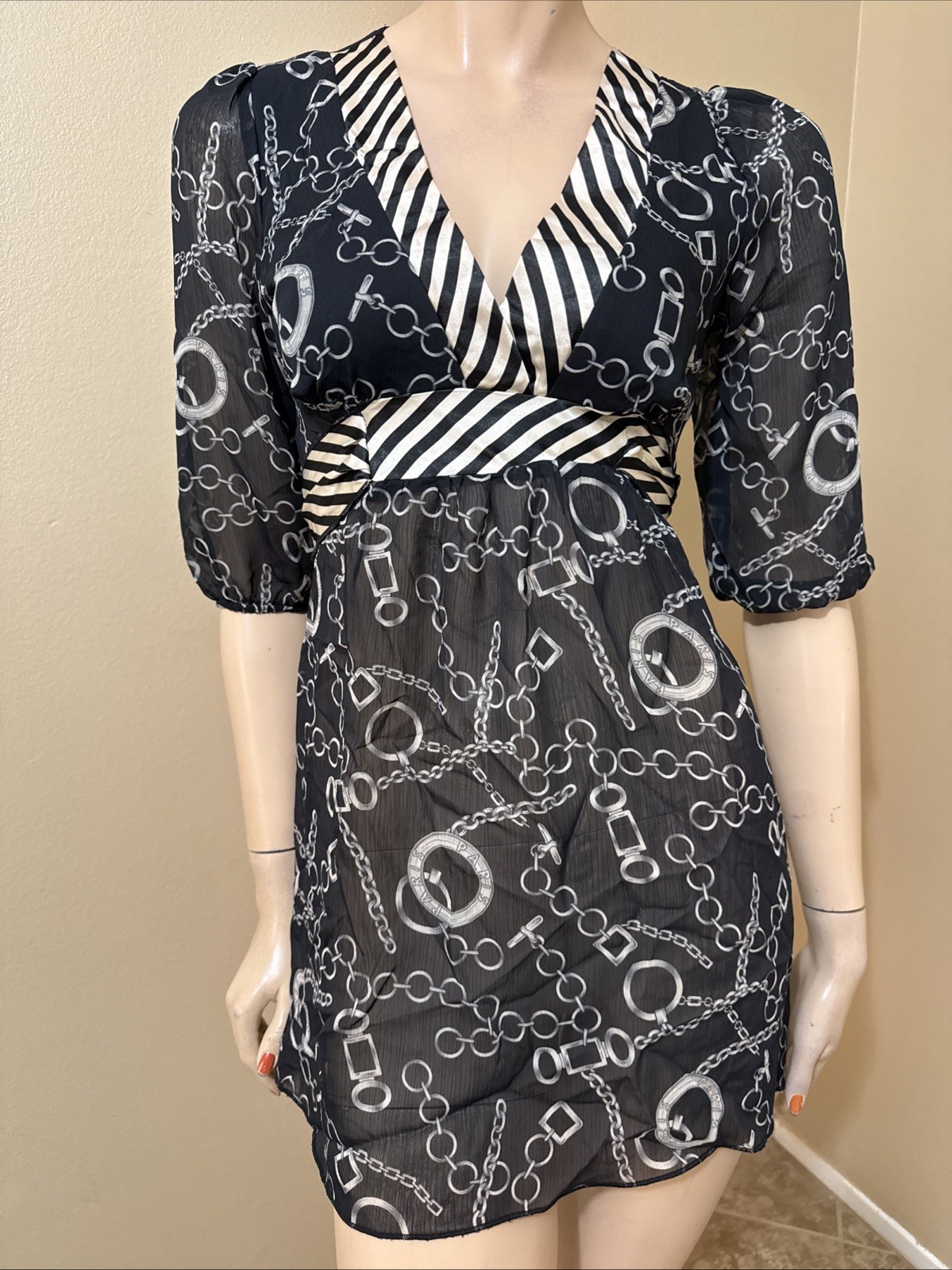 Women’s Black Polyester Casual Sheer Belted Chains Print Size S Dress Tunic