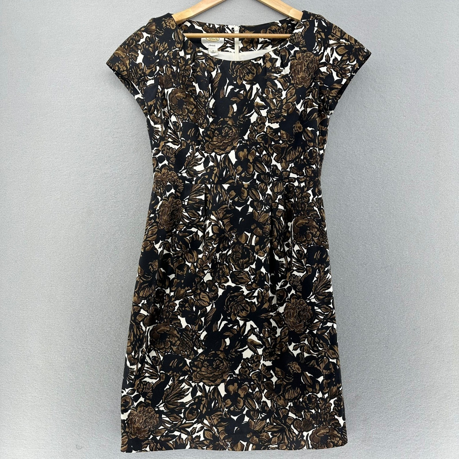 VTG Talbots Floral Print Stretch Dress Black Brown White SZ 8 Y2K Flowercore