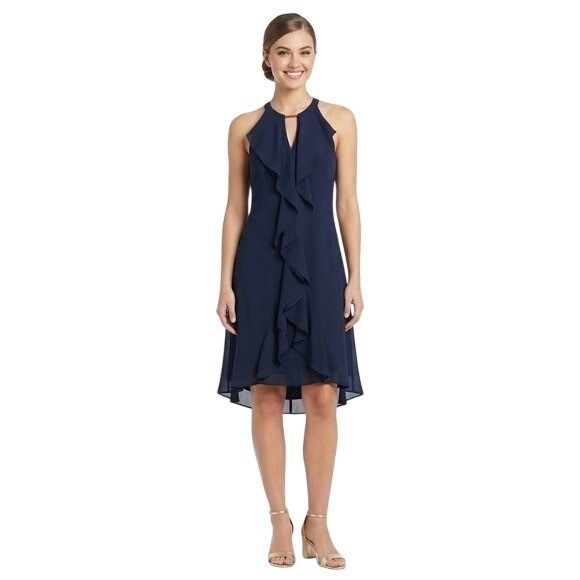 Kensie Navy Ruffle Halter High Low Cocktail Dress Gold Bar Detail Size 6