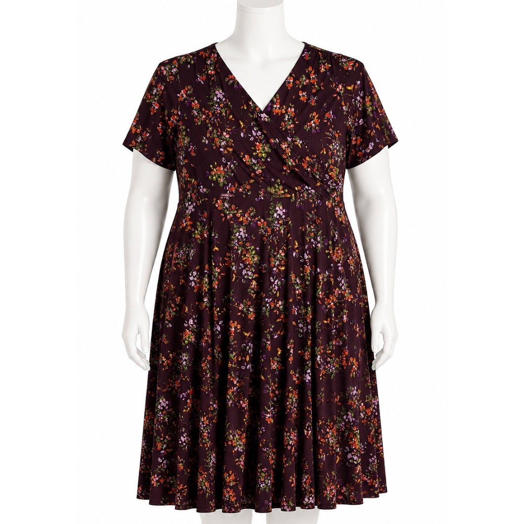 Coldwater Creek Midi Dress Plus 1X Burgundy Floral V Neck Short Sleeves Romantic