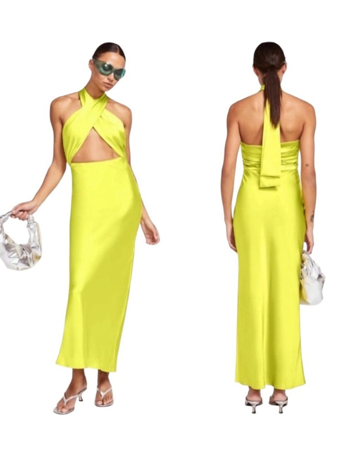 SIMON MILLER Satin Halter Chartreuse Prom Wedding Guest Long Slip Dress 10