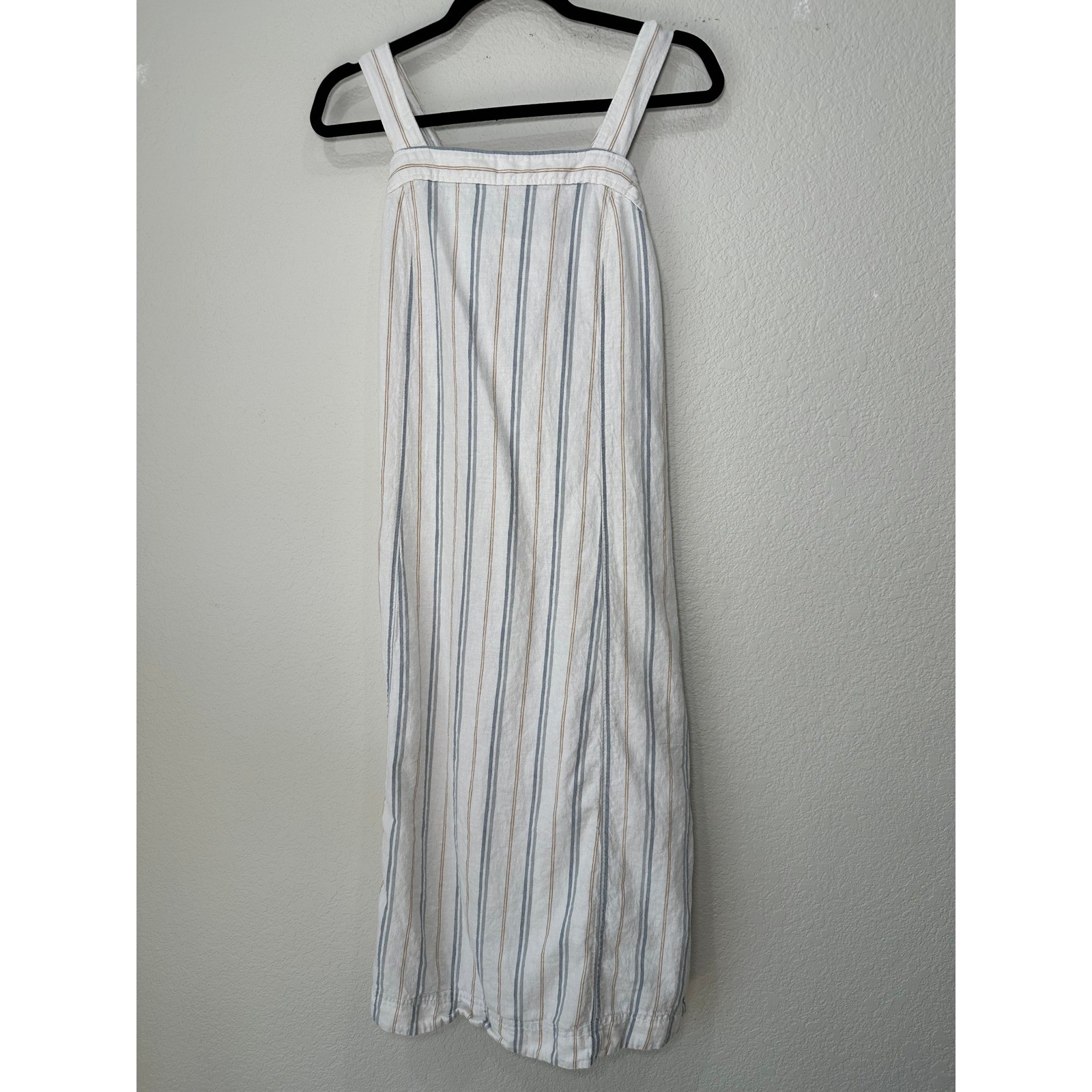 Madewell Striped Linen Blend Button Strap Midi Dress White Blue Tan Large