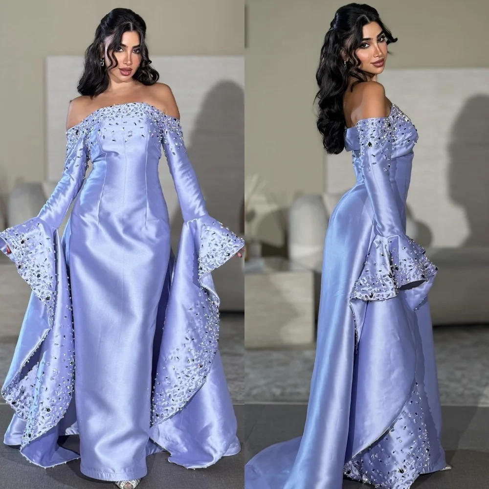 Matching Rhinestone Beading Sequined Straight Off-the-shoulder Long Dresses
