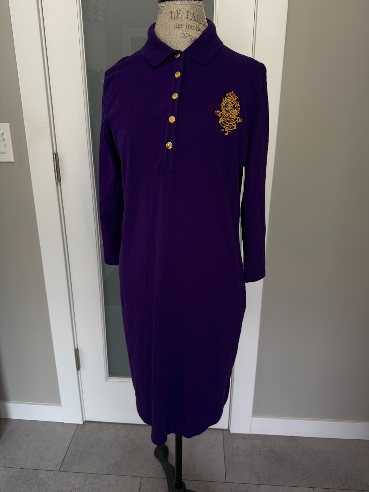 Ralph Lauren Size XL Purple Collared Shirt Dress Embroidered Crest Logo Buttons