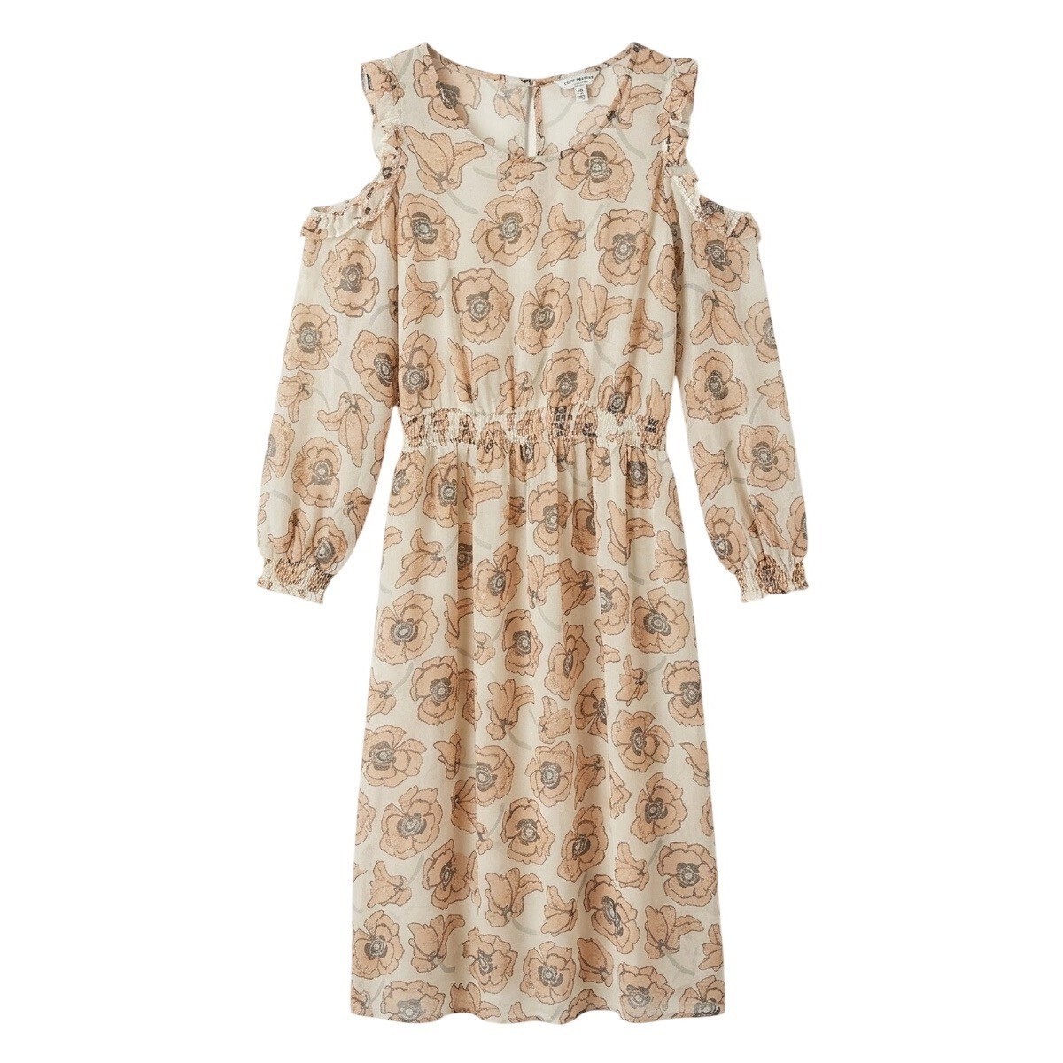 Lucky Brand Floral Cold Shoulder Midi Dress XS Sheer Ruffle Smocked Waist Boho