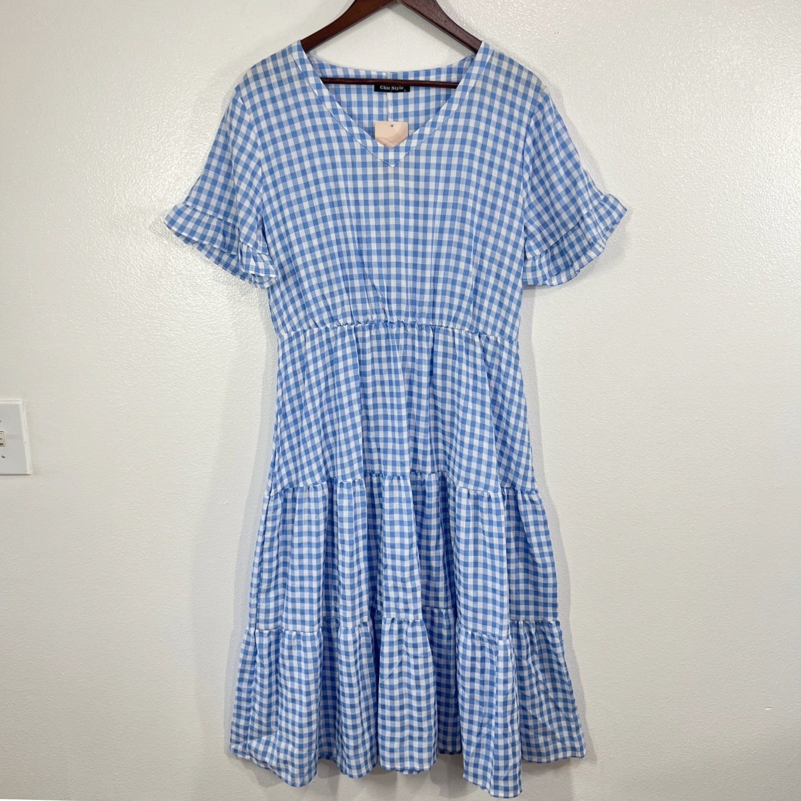 Chic Style Blue Gingham Tiered V-Neck Dorothy Midi Dress Size Large Cottagecore