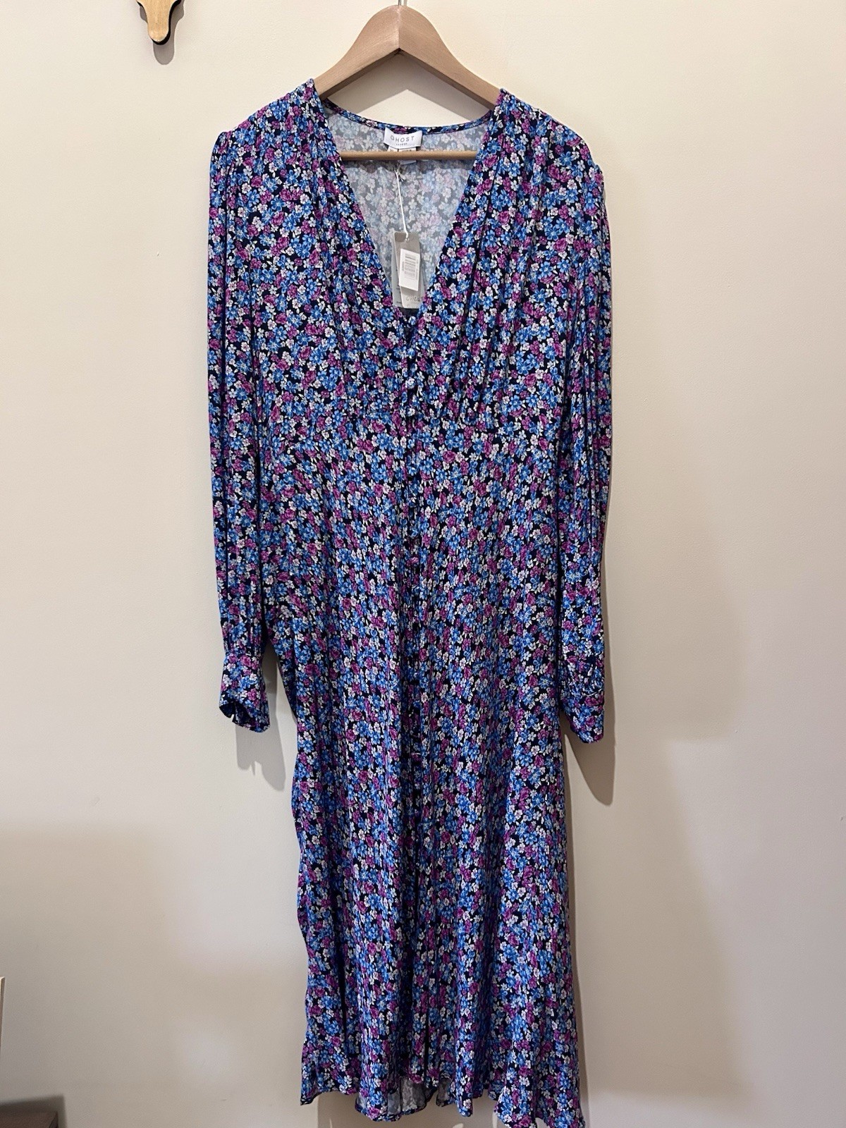 Ghost Alivia Floral Navy Midi Dress Size XL UK 16 BNWT