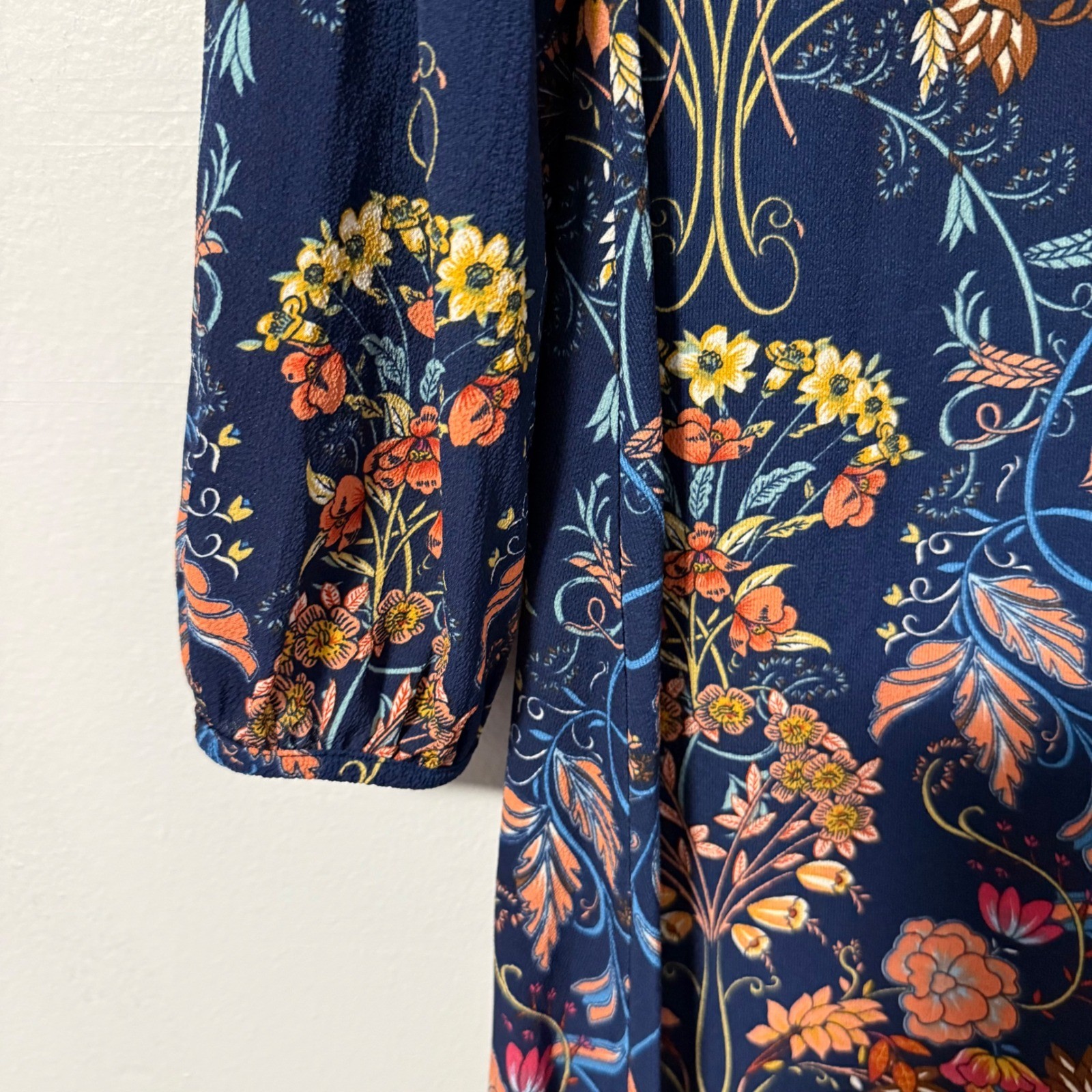 I. Madeline Garden Splendor Navy Floral Long Sleeve Midi Dress Women’s M Modest