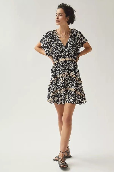By Anthropologie Black Gold Ivory Floral Print Robin Tiered Mini Dress 2X 20/22W