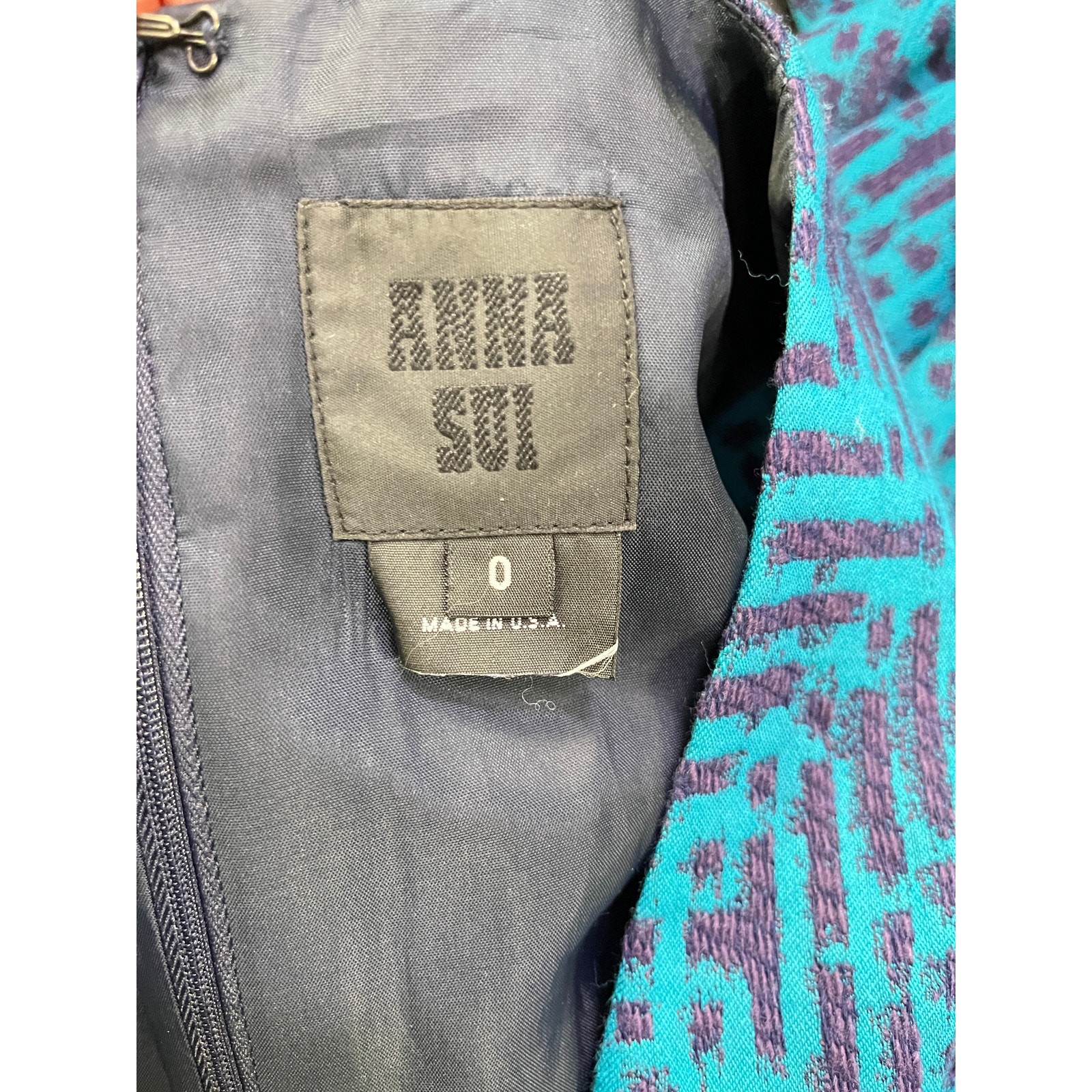 Anna Sui Teal Purple Jacquard Mini Dress Sleeveless Plunge Neck Size 0 USA