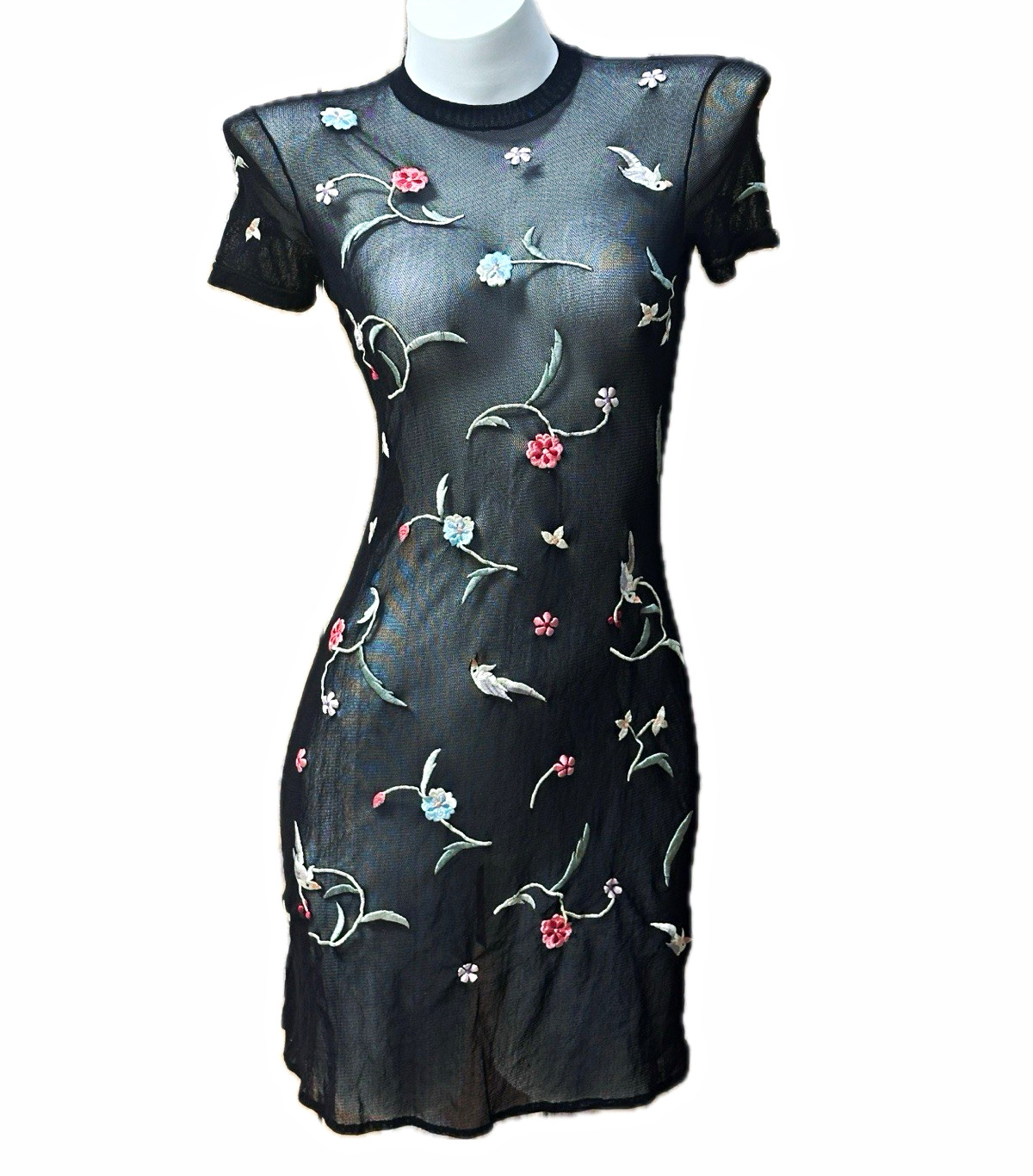 Vintage Vivienne Tam Small Nylon Mesh Embroidered Bird Flower Dress