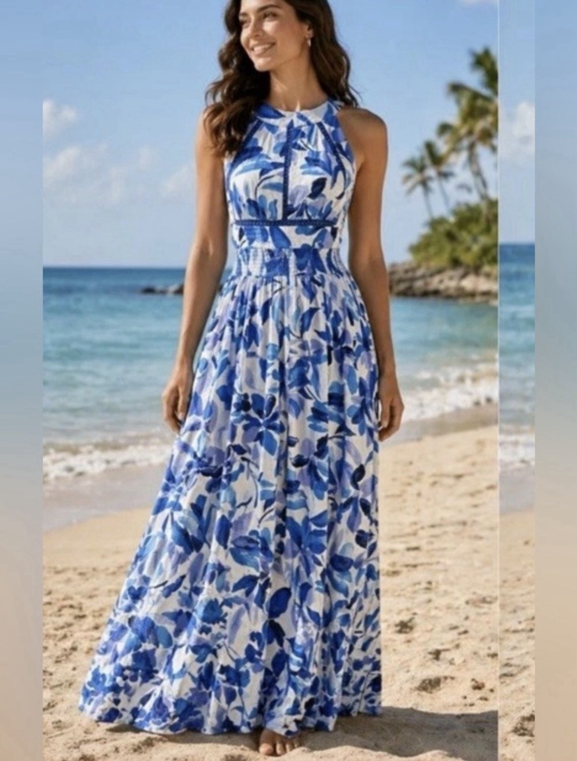 Abel The Label Anthropologie Rumi Halter Maxi Dress Blue White Open Back Small