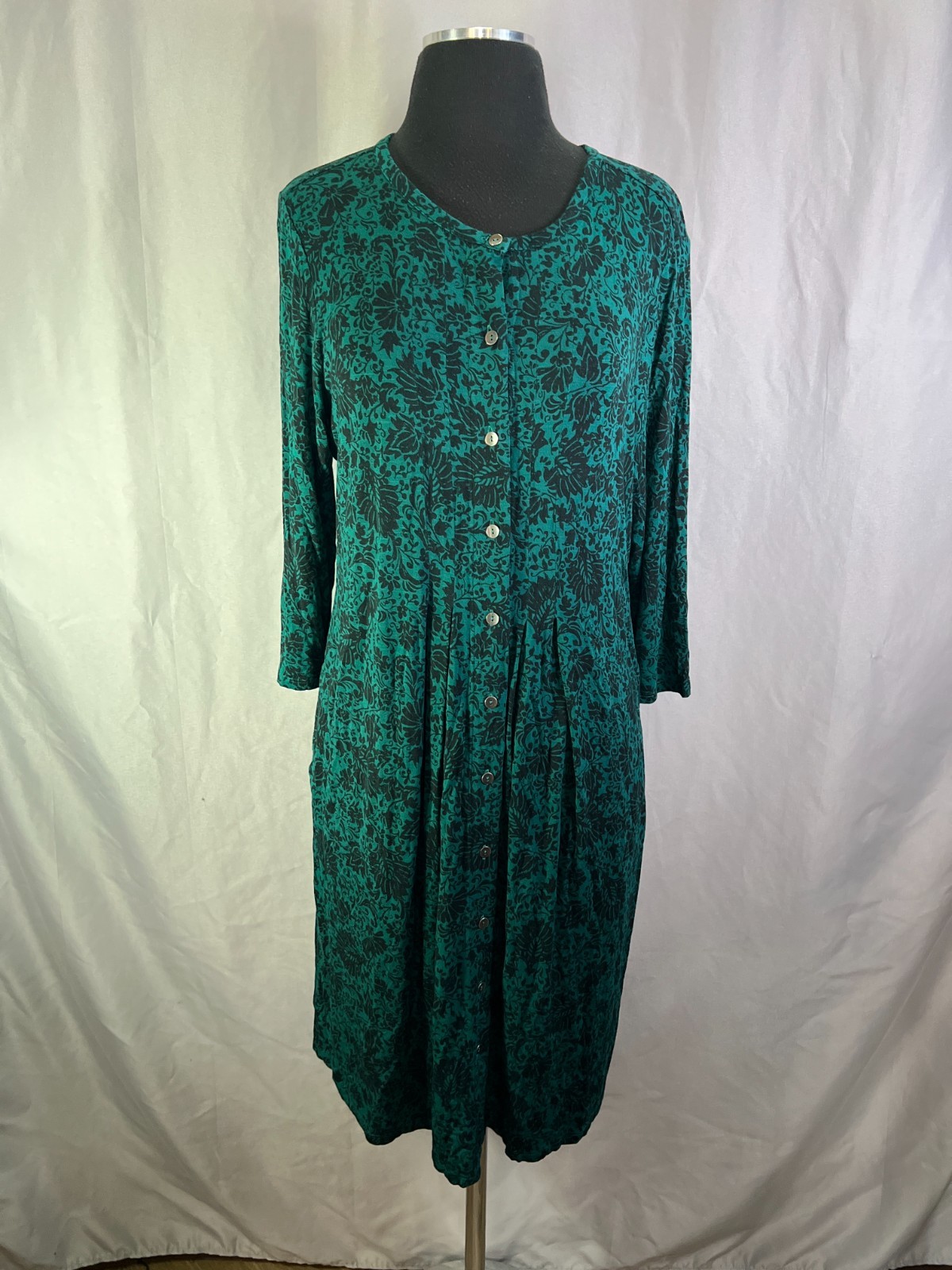 J.Jill Midi Dress Womens Medium Green Black Floral Stretch Pleated Button Front