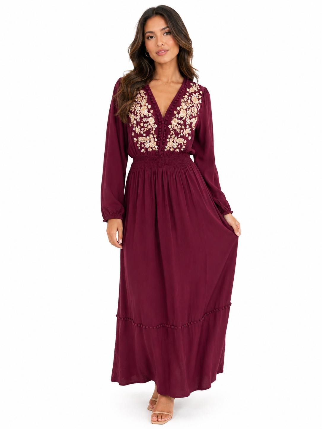 Savanna Jane Women’s XL Burgundy Embroidered Maxi Dress Smoked Boho Long Sleeve